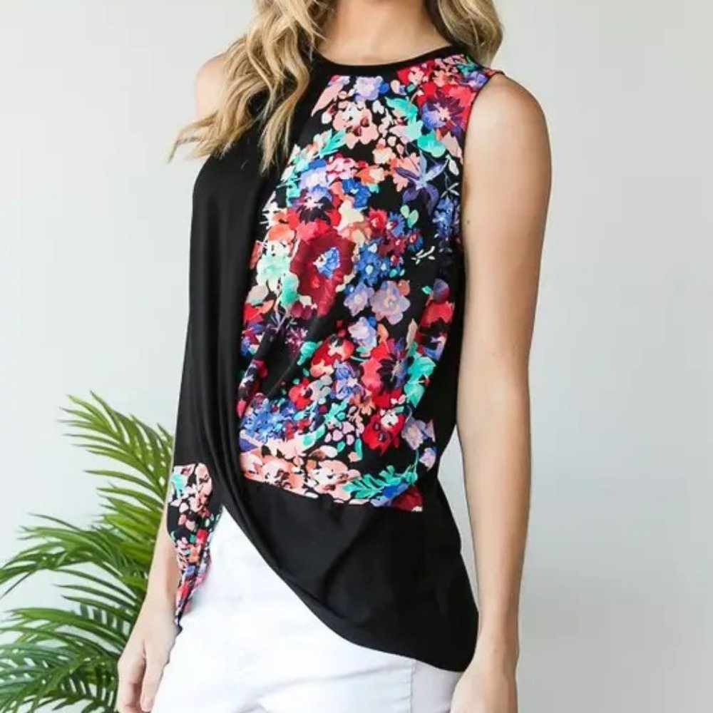 Floral Contrast Top with Twist Knot